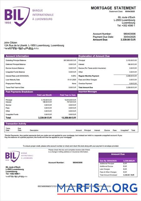 Downloadable Luxembourg Banque Internationale à Luxembourg mortgage statement Word and PDF template
